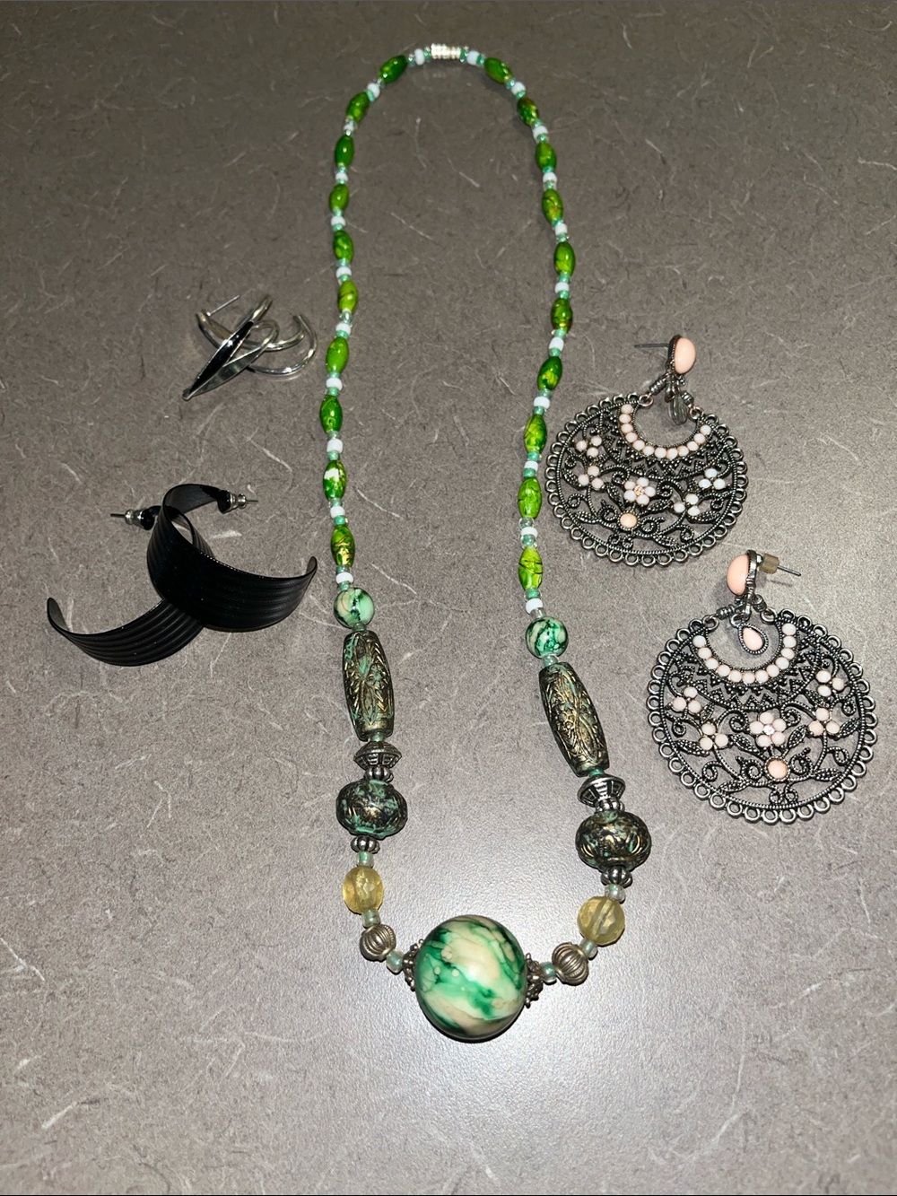 Misc jewelry lot-necklace and 3 pair earrings. As is
